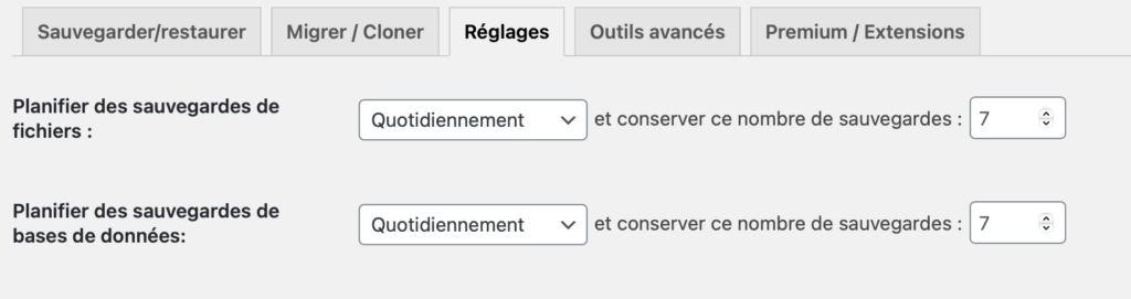UpdraftPlus - Réglage sur 7 sauvegardes automatiques